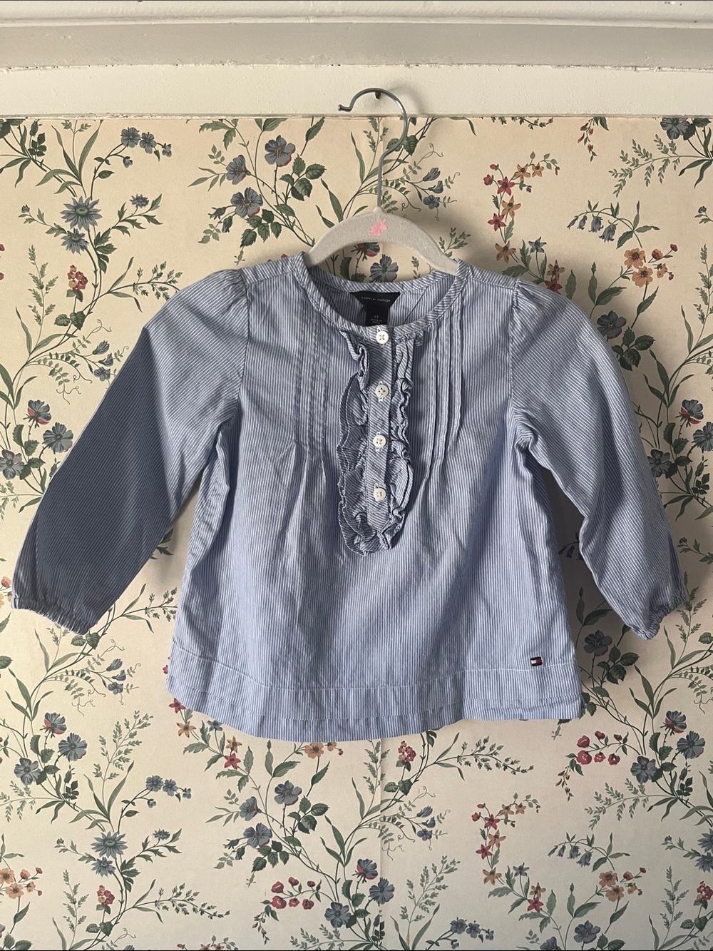 Tommy Hilfiger Light Blue Striped Ruffle-Front Girls' Blouse